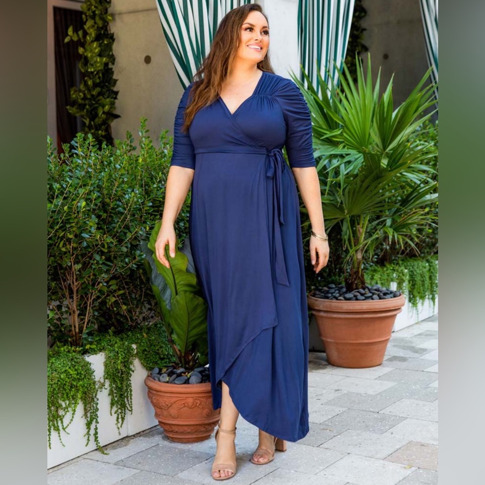 Classic navy wrap maxi Meadow dress from Kiyonna